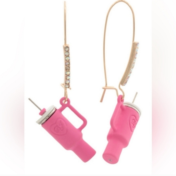🔹️Betsey Johnson 🔹️Pink Rhinestone Stanley Cup Dangle Drop Earrings - Picture 4 of 5